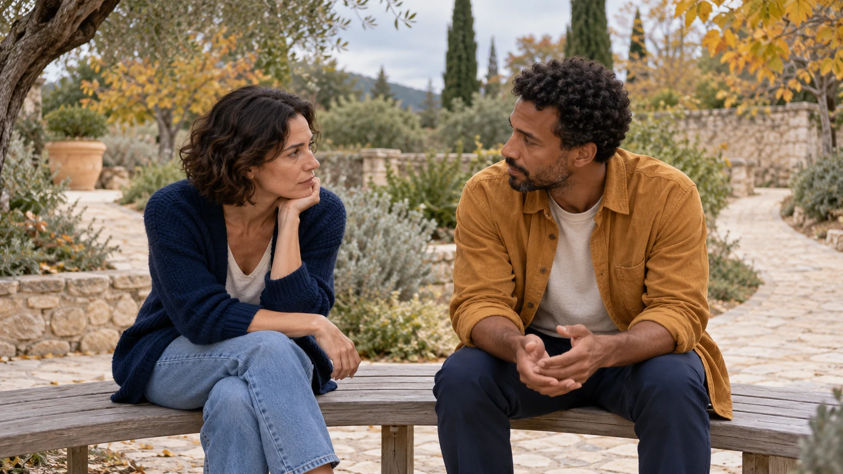 Un couple échange calmement sur un banc dans un jardin.
