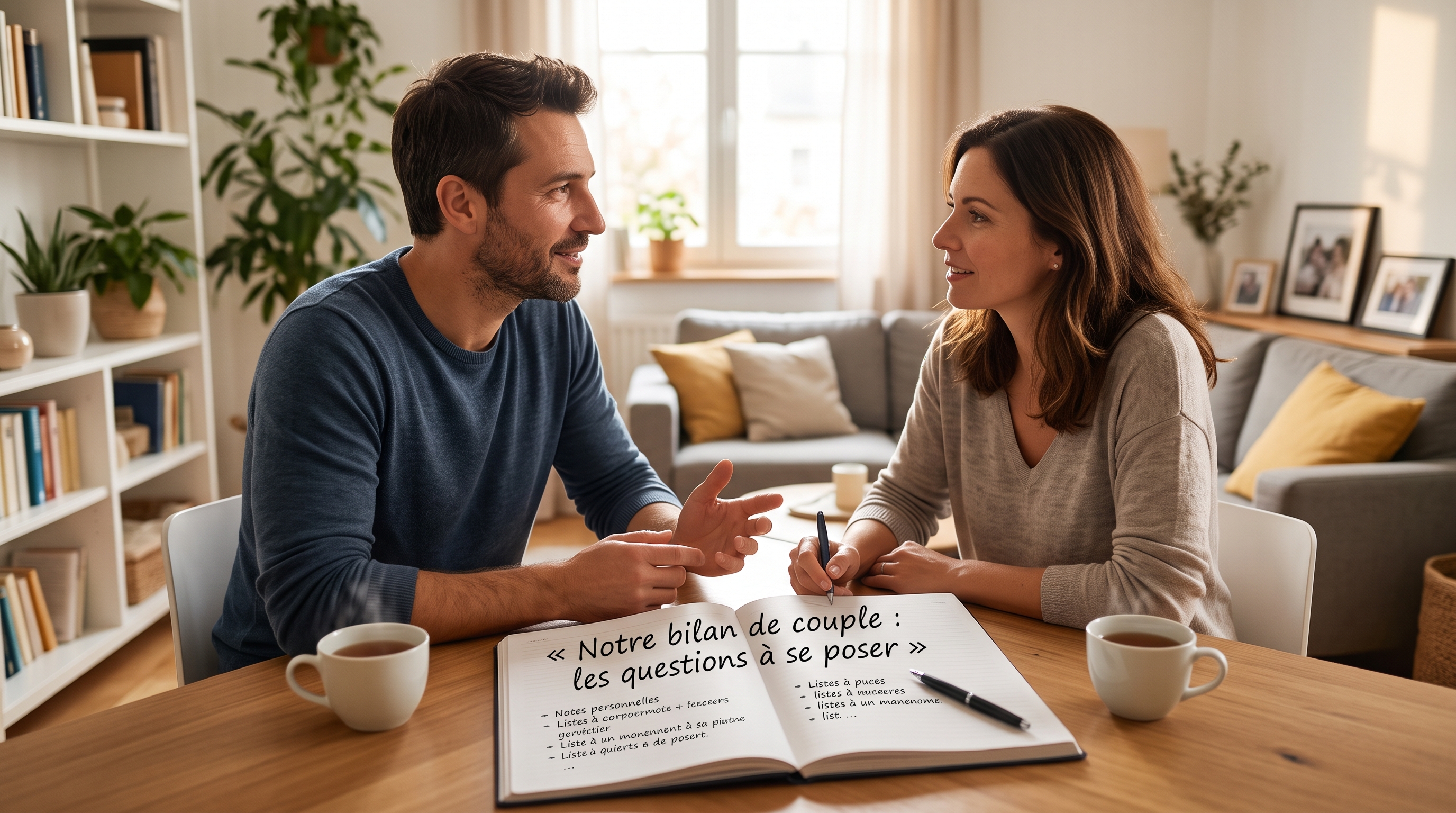 Un couple échange autour d’un carnet pour faire le bilan de sa relation.